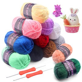 HOVIBU 12 Farben Wolle zum Häkeln Stricken, Baumwolle zum Häkeln mit 2 Häkelnadeln, 12x50g Acryl Wolle, Baumwollgarn für Anfänger Set, Crochet Yarn für Häkeln, Stricken und Handwerk