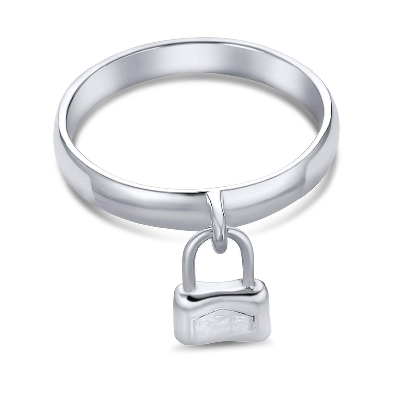 Dangle Charm Pad Lock Ring For Women Girlfriend .925 Sterling