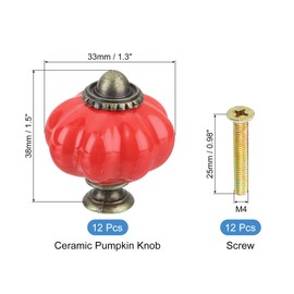 QUARKZMAN Pack of 12 Ceramic Pumpkin Knobs, Red Knobs, Decorative Drawer Knobs, Vintage Drawer Knobs with 12 Screws for Cupboards, Drawers and Cabinets (38 mm / 1.5 inches)
