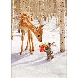 Avanti Press Bunny Giving Present to Deer Cute Christmas Card