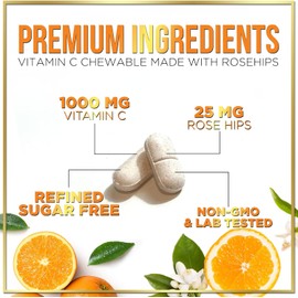Extra Strength Vitamin C 1000mg with Rose Hips & Bioflavonoids – Immune Support & Antioxidant Protection – Sugar-Free, Non-GMO Chewable Capsules – 60 Tablets