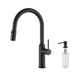 KIBI Hilo Single Handle Pull Down Faucet for Kitchen Sink | Solid Brass High Arc Faucet Spout | 360 Degree Swivel Kitchen Faucet with Pull Down Sprayer (Matte Black)(KKF2008)(Soap Dispenser Included)