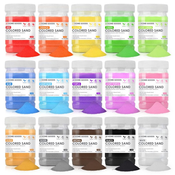 JJ CARE Colored Sand, 16.5 lbs. [15 Bottles] Craft Sand Art Kit for Kids 3 Years Above, Non-Toxic Color Sand Art Bulk, UV Stable Colorful Sand for Crafts, Wedding & Decorations, Kids Art Sand