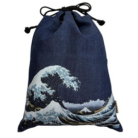Edo-Ten Shingen Bag, Together Bag, 100% Cotton, 4.5 oz, Yarn-Dyed Thin Denim Fabric, Drawstring Bag, Goshuin Bookbag, Inner Pocket, Men's, Women's, Wave Color: Navy Blue