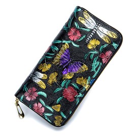 Long Genuine Leather Wallets for Women Girls Long 3D Stereo Genuine Leather Billfold Wallets 8 card slots,2 bill pockets, 2 cash pockets, 1 zipper pocket and 1 compartment for phone Dragonfly