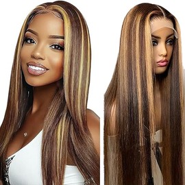 Lakaisa Human Hair Wig Straight 4 x 1 Lace P4/27 Highlight Blonde Glueless Wear and Go Wig Women's Real Hair Bleached Knots Pre Plucked Hairline with Baby Hair for Woman 12 Inches