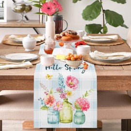 Bonhause Spring Floral Vase Bloom Table Runner 13x72 Inch Hello Spring Flower Butterfly Buffalo Plaid Kitchen Dinning Table Decoration for Indoor Outdoor Home Party Decor