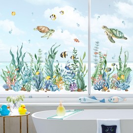 decalmile Summer Under The Sea Seaweed Double Sided Window Clings Ocean Grass Turtle Fish Window Decals Anti-Collision Glass Window Doors Window Stickers
