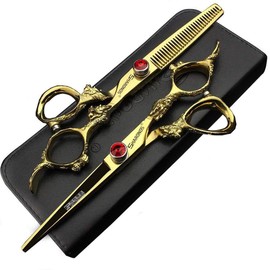Professional Hairdressing Scissors 7/7.5/8 Inch Hairdressing Scissors Gold and Black Gold Dragon Scissors (6 Inch 2-Piece Set)