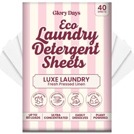 Glory Days Eco Laundry Detergent Sheets – Luxe Laundry (Fresh Pressed Linen) | 40 Sheets = Up to 80 Loads | Enzyme‑Powered, Plastic‑Free, Hypoallergenic | HE, Top & Front Load | Travel‑Friendly
