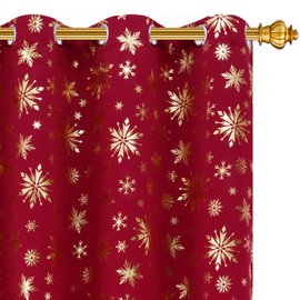 FRAMICS Christmas Curtains for Living Room, Gold Snowflake Foil Print Curtains, Blackout Curtains for Bedroom, Red Christmas Curtains 63 Inch Length 2 Panels Set, Grommet Window Curtains for Winter