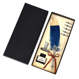 Quill Pen, Handmade Quill Feather Pen Set Antique Calligraphy Writing Quill Pen with Ink, Feather Pen with Ink and Steel Tips Calligraphy Set Quill Pen,6 Replacement Nibs/Contains ink（navy blue）