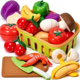 Cutting Play Food Toys, 25 Pieces Pretend Play Kitchen Accessories, Fake Fruits/Vegetables Set with Shopping Storage Basket, Birthday Gift, Educational Toy for Toddler Children
