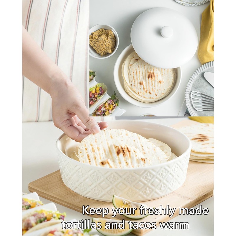 Large Tortilla Warmers with Lid, Embossed Ceramic Tortilla Holder Servers
