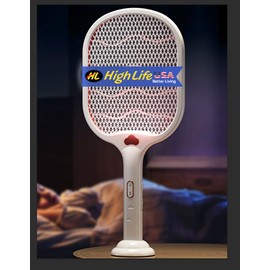 High Life USA Bug Zapper Racket Electric Fly Swatter with UV Light, USB Rechargeable Mosquito Killer Dual Modes 3 Layer Safety Mesh 2 in 1 Indoor and Outdoor Use (White)