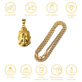 Halukakah Gold Bless All ● Gold Chain Men Men 18 Carat Real Gold Buddha Head Pendant Necklace Artificial Diamonds Set with Free Tennis Chain/Rope Chain, Metal, lab diamond