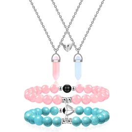 MJartoria BFF Necklace and Bracelets for 2-Crystal Friendship Necklace Bracelet Best Friend Necklace Matching Necklace Bracelets Gifts (Blue+Pink, Heart)