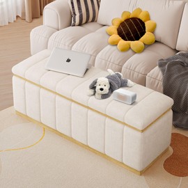 Ball & Cast 40" Storage Ottoman,Upholstered Linen Tufted Fabric Bench,End of Bed Stool with Safty Hinge,Solid Wood Frame Chest w/Large Space Storager Footrest for Entryway,Closet,Living Room,Beige