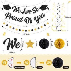 Oudain Black Gold Graduation Decorations Class of 2025 We Are So Proud of You Banner with Honeycomb Balls Glitter Stars Hanging Swirls Circle Garland for High School College Grad Party Supplies