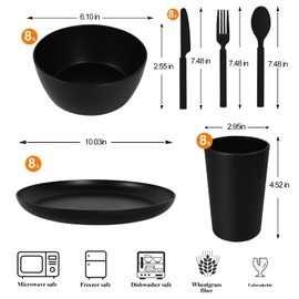 afcevnlb 48-Piece Plastic Wheat Straw Dinnerware Sets Plates and Bowls Sets for 8 Lightweight Bowls Unbreakable Dish Set Dishwasher Microwave Safe Suitable for Camping Party Grill（Black）