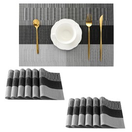 Leetaltree Grey with White Striped Placemats Set of 12 - Heat Resistant Non-Slip Place mats for Dining Table, Washable Durable PVC Vinyl Woven Table Mats（Grey Stripe, 12）