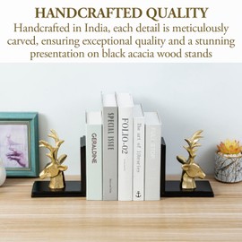 MyGift 1 Pair of Modern Decorative Stag Bookends, Brass Tone Cast Aluminum Male Deer Head on Black Acacia Wood Book Stands for Home Library Office Desk, Handcrafted in India