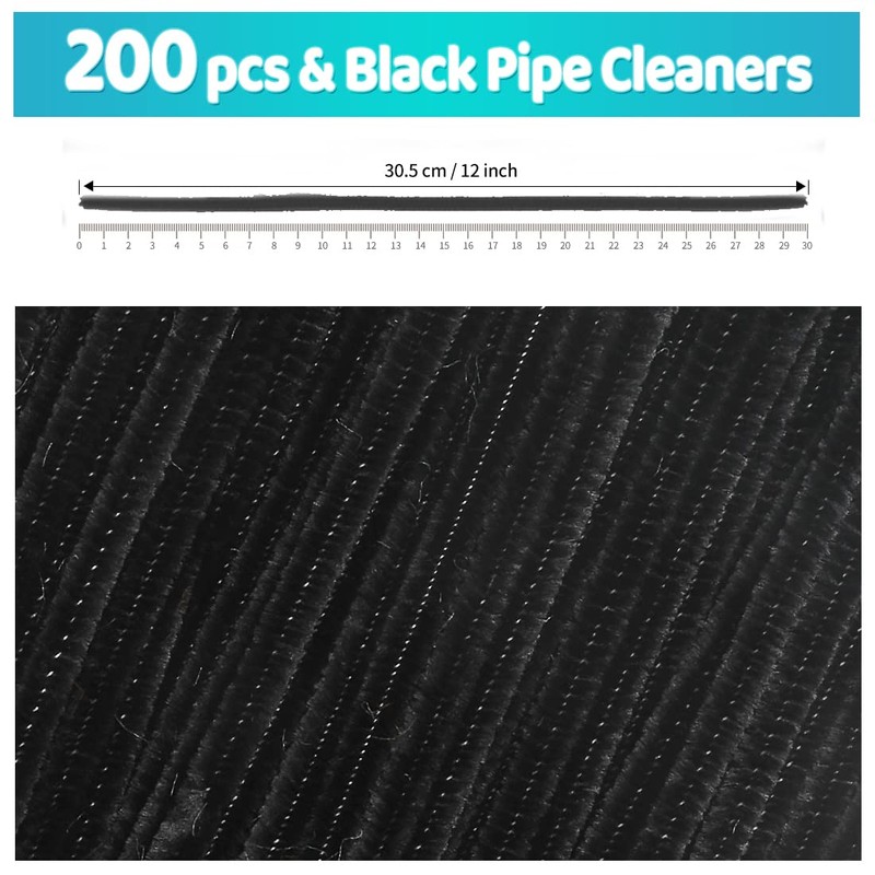 Iooleem 200pcs Black Pipe Cleaners, Chenille Stems, Pipe Cleaners for