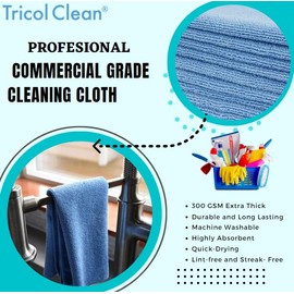 Tricol Clean Microfiber Cleaning Cloth - Pack of 12, Multi-Functional Cleaning Towels, Highly Absorbent Cleaning Rags, Lint-Free, Reusable Dusting Cloth for House, Kitchen, Car (240, Blue)