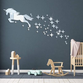 Unicorn Mirror Wall Stickers, Removable Acrylic Mirror Wall Sticker Decals, DIY Self Adhesive Stars Art Wall Decal Murals Home Wall Decoration Stickers for Living Room Kids Bedroom Office Baby Nursery
