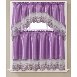 PREMIUS REMI 3-Piece Sequins Embroidery Kitchen Curtain Set with Swag Valance & Tier Set, Faux Silk Materials, Light Filtering Curtain, 30x36 Inches (Purple)