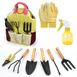 9PCS Garden Tool Set, Gardening Supplies Accessories Weeding Tools, Garden Hand Tools Gardening Gifts for Women, Including Handbag Root Starter Fork Rake Trowel Pruner Gloves Sprayer