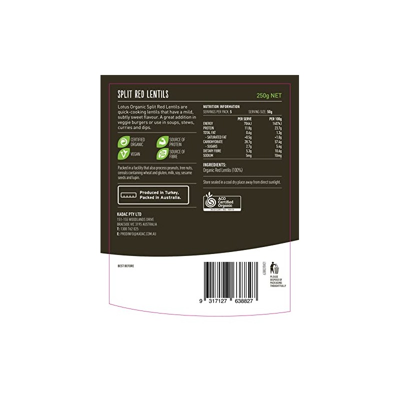 Lotus Organic Red Split Lentils 250 g, 250 g
