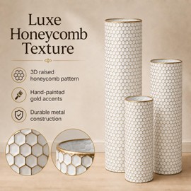 White Tall Floor Vases Set of 3, 27 Inch Large Metal Decorative Vases with Honeycomb Texture- Modern Cylinder Floor Vase for Living Room Corner, Pampas Grass＆Dried Flowers, Home Decor (White)
