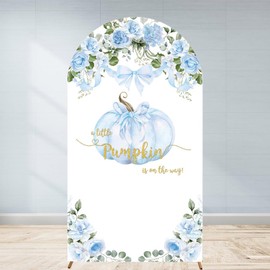 Autumn Baby Shower Arch Backdroop Cover 6ft A Sweet Little Pumpkin is on The Way Fall Blue Floral Flower Gender Neutral Girl Boy Wall Stretchy Fitted Fabric Arched Photo Booth Sign (2.6x6ft)