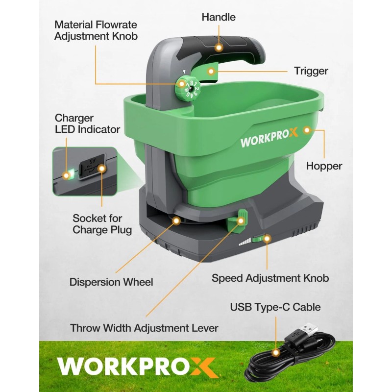 WORKPROX Battery Powered Fertilizer Spreader, 7.2V Seed Spreader for Salt