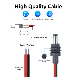 CERRXIAN DC5521 Power Pigtails Cable for Starlink Mini, 14AWG DC 5.5mm x 2.1mm Male Plug to Bare Wire Open End Power Supply DIY Cord, Waterproof Extension Power Cable Accessories - 3.2FT