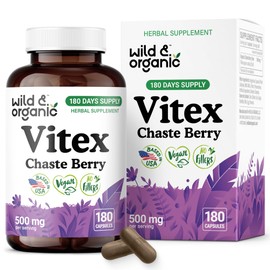Wild & Organic Vitex Chasteberry Supplement for Women 500 mg - Women's Support - Pure Vitex Berry Powder Capsules - Chaste Tree Berry Agnus-Castus Extract - Vegan, No Fillers, Non-GMO - 180 Count