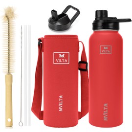 Mvilta Insulated Stainless Steel Water Bottle-Double Walled Vacuum Reusable Sports Water Bottle With Free Bottle Accessories - Ice: Up to 24 Hrs. Hot: Up to 12 Hrs. 40oz Red