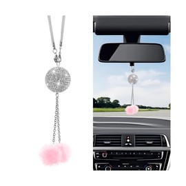 Sandfren Bling Car Hanging Ornament for Rearview Mirror, Crystal Rhinestones Fuzzy Plush Ball Vehicle Mirror Hanging Charm, Diamond Auto Interior Rear View Decor Pendant, Universal Fit (Pink)