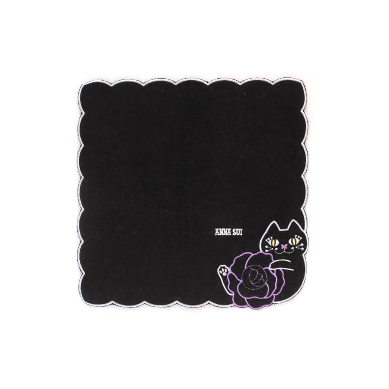 ANNA SUI 109482-0011-04 Towel Handkerchief, Rose & Cat Embroidery, Black