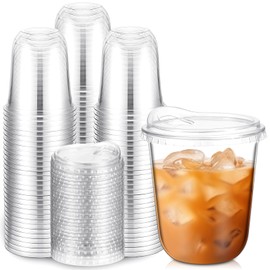 Baderke 100 Pcs Clear Plastic Cups with Strawless Sip Lids Disposable Togo Cups Round Bottom Cups with Lids for Coffee Smoothie Cold Beverage Coffee Shops and Party Catering (12 oz)