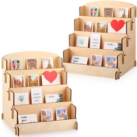 Wonderjune 2 Pcs 4 Tiered Greeting Card Display Stand Portable Sticker Display Stand for Vendors Wooden Collector Card Rack Wood Holder for Postcard Photos Bookmark Trade Shows Retail Counter