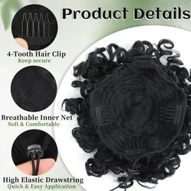 Messy Bun Hair Piece Elastic Drawstring Loose Wave Large Curly Bun Short Synthetic Ponytail Extension Drawstring Ponytail for Women Bun Hair Extension for Women Daily Use -Natural Black