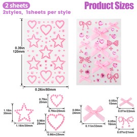 SmallCat 2 Sheets Bow Face Gems Stickers, Heart Rhinestones Hair Jewerl, Self Adhesive Crystal Acrylic Gems Sticker for Wedding Dating Party Face Hair Body Decoration- Pink