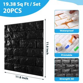 20 Pcs 3d Wall Panels Stick and Peel, Black Brick Printable Faux Paneling Self Adhesive Waterproof 3d Wallpaper Stick and Peel for Bedroom, Bathroom, Kitchen, Fireplace (19.38 sq feet Coverage)