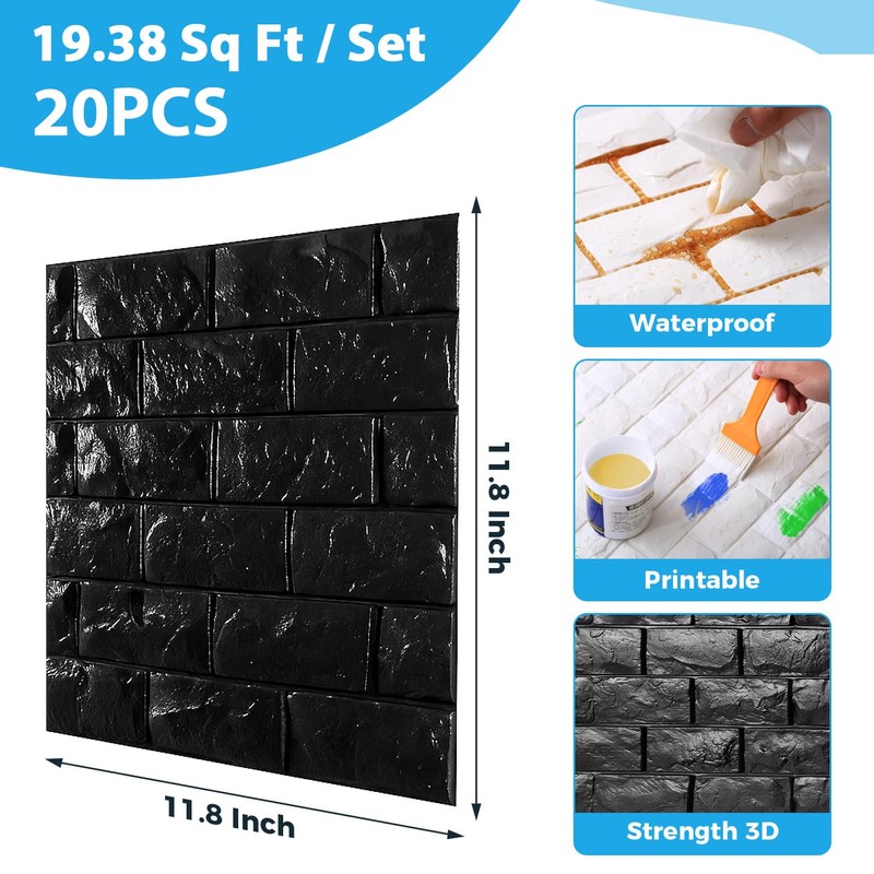 20 Pcs 3d Wall Panels Stick and Peel, Black Brick