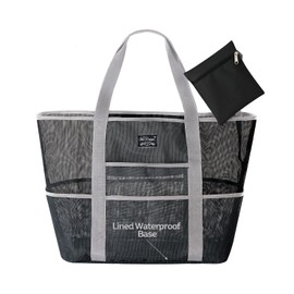 SoHo Collection, Mesh Beach Bag – Toy Tote Bag – Large Lightweight Market, Grocery & Picnic Tote with Oversized Pockets (Black and Gray)