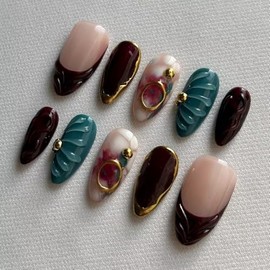 MAGLFELL Uñas Postizas de Gel de Otoño Almendradas de Longitud Media Hechas a Mano, Diseño de Pintura Marrón Artificiales Reutilizables para Mujer, Ki