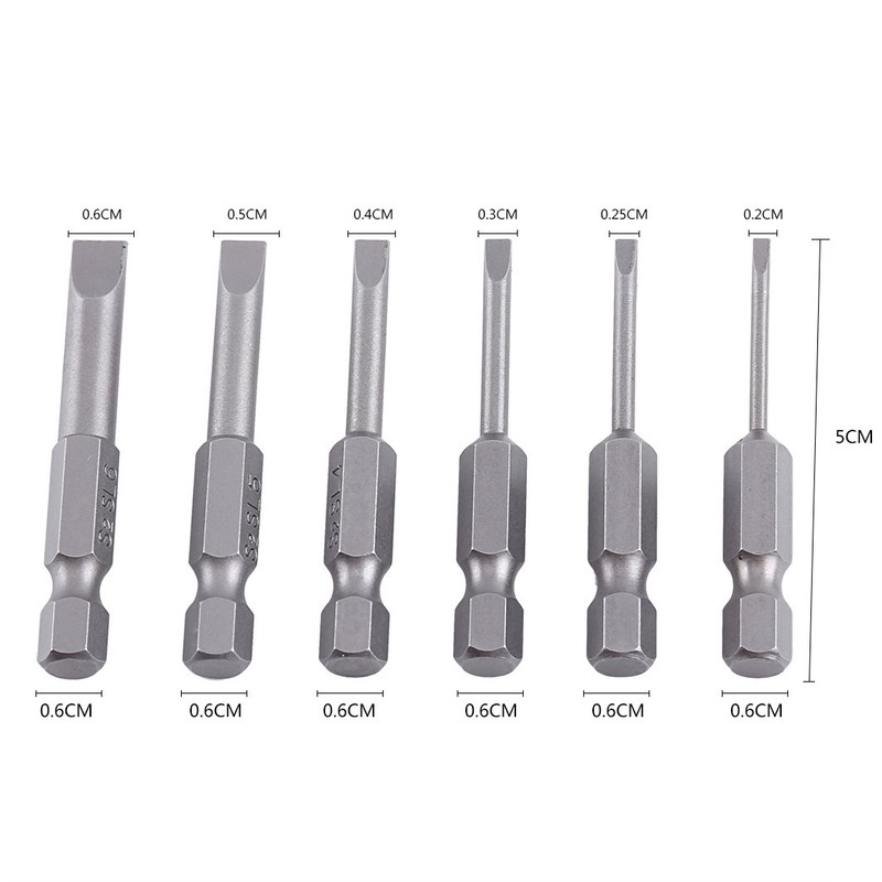 6Pcs Hexagonal Shank Slotted Screwdriver Drill Bit Alloy Flat Head