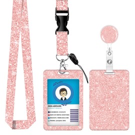 Cute ID Badge Holder with Retractable and Detachable Lanyard, Badge Reel Breakaway Lanyard with Carabiner Clip for Women Teachers Nurses Students Doctors Work and Office (Rose Gold Pink Glitter)